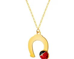 Złoty naszyjnik z emalią, ankier - podkowa, biedronka