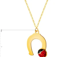 Złoty naszyjnik z emalią, ankier - podkowa, biedronka