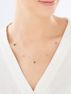 Złoty naszyjnik z malowanymi elementami ozdobnymi, ankier - koła, romby