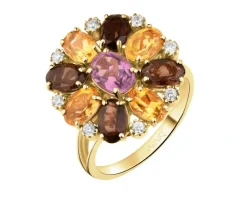 Złoty pierścionek z ametystem, cytrynami,  kwarcami dymnymi i cyrkoniami - kwiat