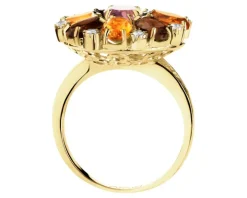 Złoty pierścionek z ametystem, cytrynami,  kwarcami dymnymi i cyrkoniami - kwiat