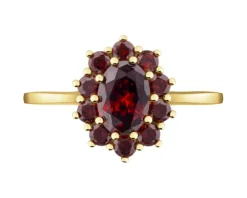 Złoty pierścionek z granatami syntetycznymi