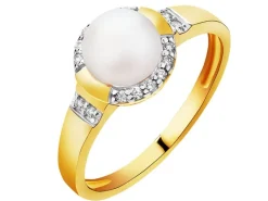 Złoty pierścionek z perłą i cyrkoniami