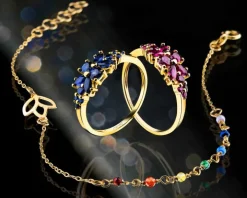 Złoty pierścionek z rubinami syntetycznymi