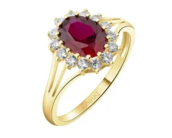 Złoty pierścionek z rubinem syntetycznym i cyrkoniami
