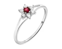 Złoty pierścionek z rubinem syntetycznym i cyrkoniami - kwiat