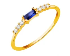 Złoty pierścionek z szafirem syntetycznym i cyrkoniami
