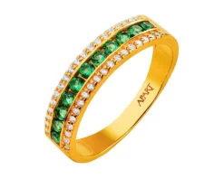Złoty pierścionek ze szmaragdami syntetycznymi i cyrkoniami