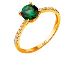 Złoty pierścionek ze szmaragdem syntetycznym i cyrkoniami
